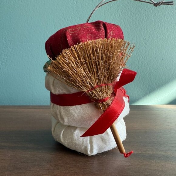 Vintage Handcrafted Fabric Snowman Ornament With Hat & Broom White Red Green 4" - Picture 3 of 8